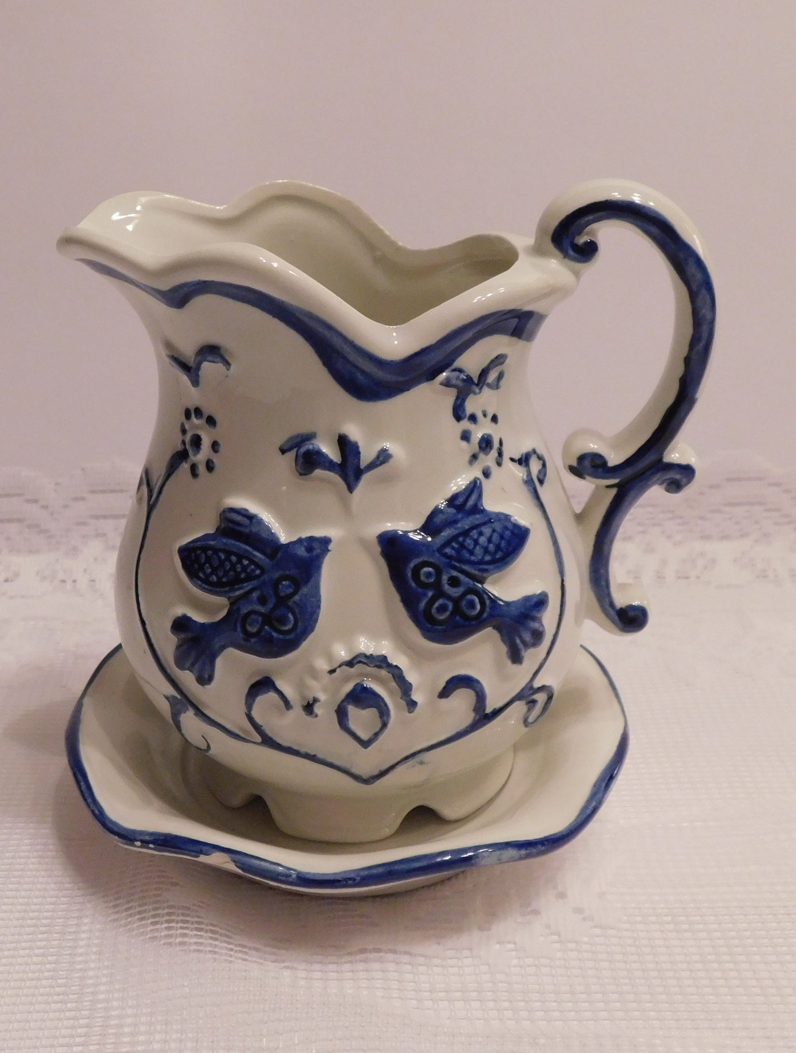 Blue & White Hand Painted Small Decorative Pitcher / Attached Etsy UK