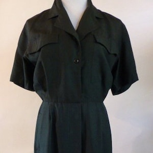 Vintage Ellen Tracy Black Silk Shirt Dress, Size 8, 1980s LBD