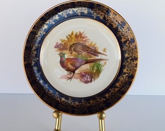 Brooks Brothers Game Birds Cabinet / Dinner Plate, Cobalt Blue, Gold Filigree Border, Ca. 1950's, Made In England, Estate Sale