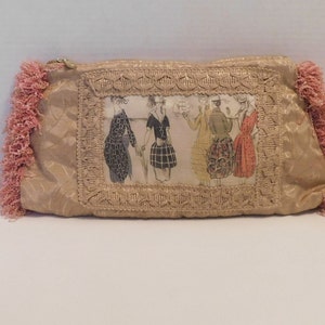 Pulvermacher U.S.A. Elongated Fabric Clutch, &quot; 1930&#39;s Fashions&quot;, Pink Fringe Trim, Soft & Sophisticated