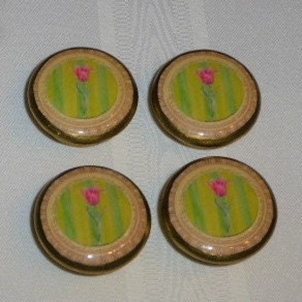 Pink Tulip On Lime Green Stripes Set Of 4 Decorative Wooden Knobs, Decoupaged / Gilt Painted Trim / High Gloss Finish, Made In U.S.A.