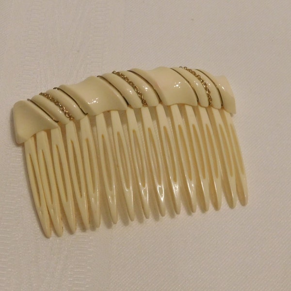 Alexandre De Paris Single Ivory Colored Vintage Hair Comb, Golden Metal/Wire Accents, 1 Owner, Purchased New