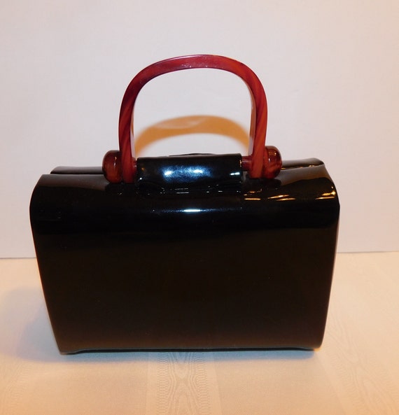 Ande' MCM Luxe Bakelite Handle, Black Patent Faux… - image 3