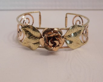 Vintage KREMENTZ Yellow & Pink Gold Overlay / Plating Open Rose Cuff Bracelet, Appears Pristine And Unworn