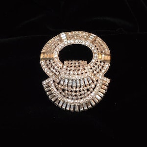 Art Deco Rhinestone Dress Clip: Etched Silver Metal, 1930s-40s Vintage