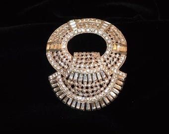 Art Deco Rhinestone Dress Clip: Etched Silver Metal, 1930s-40s Vintage