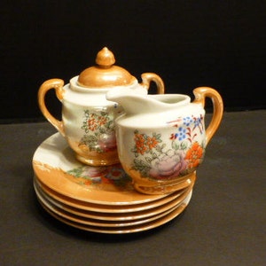 Vintage Japanese Luster Ware Porcelain Mid-Century Mini Creamer, Covered Sugar + Plates Set