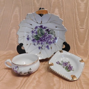 Vintage Japan Violets Motif 3-Piece Demitasse Cup, Mini Saucer & Individual Tray, Hand Painted, Gold Trim, Unique Set
