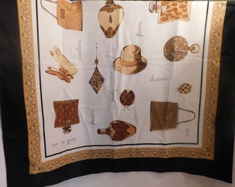 Foulard En Soie Carré Rossy Paris - 84x84 Cm - Beige Imprimé Chamarré - Occasion