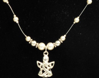 Sterlingzilveren engelbedelketting: kleine parel en kraal, 16"