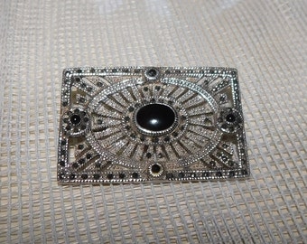 アールデコ マーカサイト オニキス ブローチ 925 シルバー ナベット