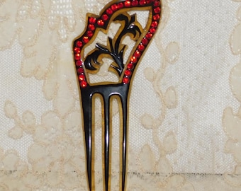 Antique Petite Hair Comb, Ruby Red Colored Rhinestones & Celluloid, Ca. 1920's - 1930's