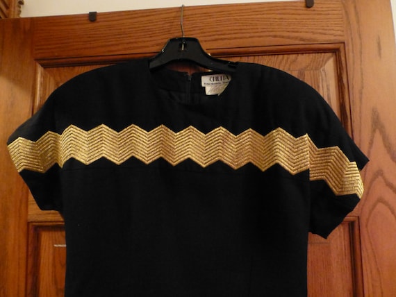 Vintage Chetta B Little Black Dress: Gold Metallic Embroidery, Size 8