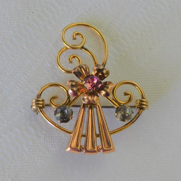 Vintage VAN DELL 12Kt. Gold Filled Floral "Swirl" Brooch, Center Pink Stone, Brooch Converter For Pendant Wear, Signed