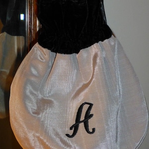 Embroidered &quot;A&quot; Initial Silver Moire & Black Velvet Drawstring Bag, Designed And Made In The USA