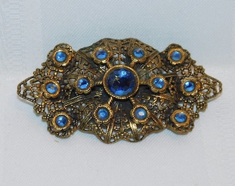 Broche Ancienne En Métal Doré Avec Verre Bleu - Bijou Fantaisie Vintage - Occasion Bon état