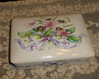 Horchow Floral Porcelain Divided Lidded Box With 2 Decks Of Playing Cards, Unused