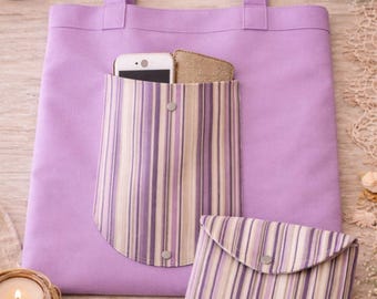 Bolso de mano plegable de lino – Morado lavanda, bolsillo a rayas, bolso de hombro