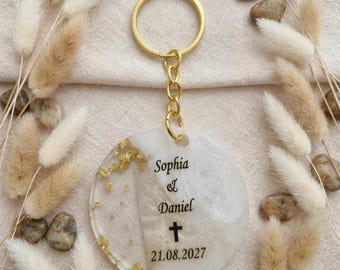 Personalized Resin Keychain, Marble Effect, Gold Foil, Custom Name & Date (2 inch)