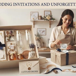 Puede incluir: Una caja de regalo que contiene invitaciones de boda personalizadas con una cinta azul marino, dos copas de cristal, dos tarros peque&ntilde;os de miel, un kit de sello de cera y un saquito de lavanda. La caja incluye el texto CUSTOM WEDDING INVITATIONS.
