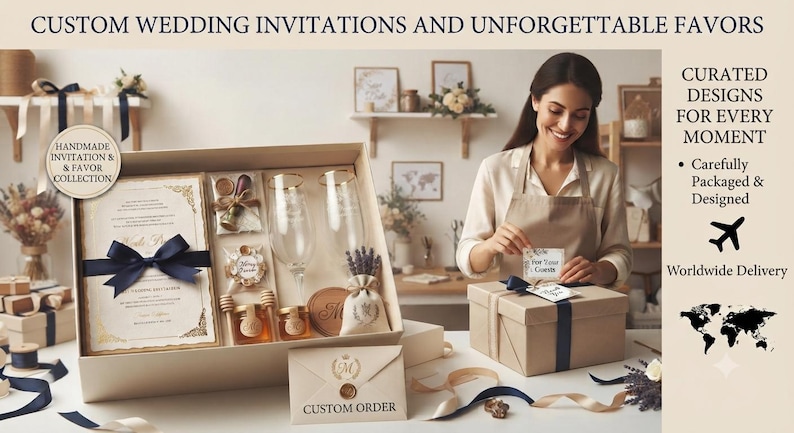 Puede incluir: Una caja de regalo que contiene invitaciones de boda personalizadas con una cinta azul marino, dos copas de cristal, dos tarros peque&ntilde;os de miel, un kit de sello de cera y un saquito de lavanda. La caja incluye el texto CUSTOM WEDDING INVITATIONS.