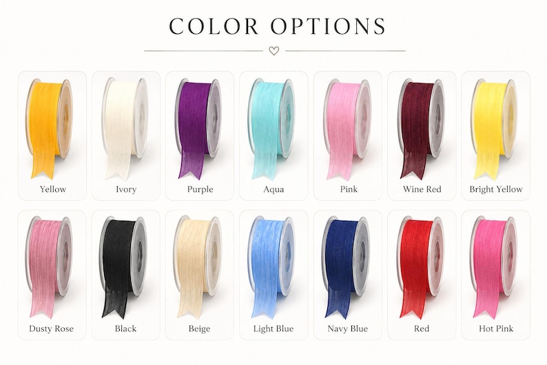 Puede incluir: Una colecci&oacute;n de catorce carretes de cinta transparente dispuestos en dos filas, etiquetados como COLOR OPTIONS. Los colores incluyen amarillo, marfil, morado, aguamarina, rosa, rojo vino, amarillo brillante, rosa viejo, negro, beige, azul claro, azul marino, rojo y rosa intenso.