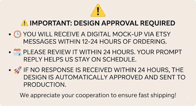 Puede incluir: Un gr&aacute;fico informativo beige con un icono de tri&aacute;ngulo de advertencia amarillo y texto negro que dice: IMPORTANT: DESIGN APPROVAL REQUIRED. Incluye vi&ntilde;etas con iconos de reloj, calendario y cohete que detallan el proceso de dise&ntilde;o.