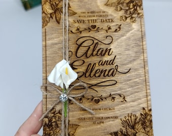 Rustic Wooden Wedding Invitation with Calla Lily, Custom Engraved Wood Invitation
