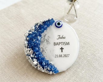 Personalized Crescent Moon Resin Magnet, Custom Christening Keepsake, Holy Communion Souvenir, Religious Party Favor
