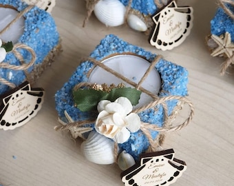 Recuerdos de boda con temática marina: portavelas de madera con conchas y estrellas de mar (personalizado).