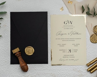 Gold Foil Wedding Invitation Suite, Custom Wax Seal, Chic Envelope