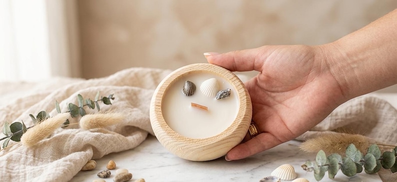 Puede incluir: Un cuenco redondo de madera clara que contiene cera de vela blanca. La vela presenta una mecha de madera plana y rectangular centrada en la cera, rodeada por tres peque&ntilde;as conchas marinas naturales dispuestas sobre la superficie de la cera.