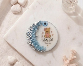 Personalized Teddy Bear Crescent Resin Magnet, Baby Shower Favor, Evil Eye Keepsake