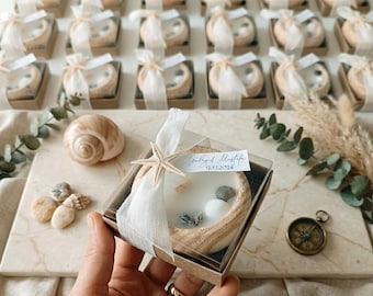 Beach Theme Shell Candle in Wooden Bowl, Coastal Bridal Shower Gift, Custom Summer Favors