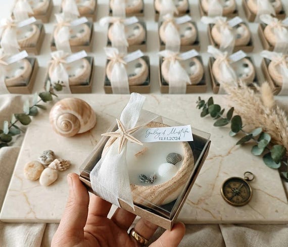 Beach Theme Shell Candle in Wooden Bowl, Coastal Bridal Shower Gift, Custom Summer Favors