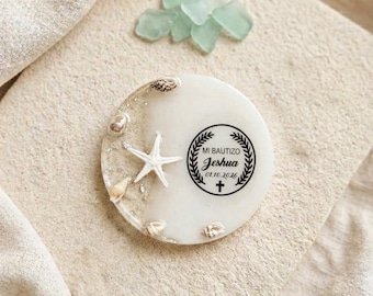 Personalized Epoxy Resin Beach Wedding Magnet, Custom Seashell Keepsake (2.75" Diameter)