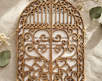 Vintage Cathedral Wood Wedding Invitation | Laser Cut Floral Keepsake (17x12 cm.)