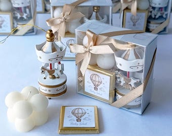 Personalized Baby Shower Favor Box, Neutral White Carousel Favor, Custom Chocolate & Candle Gift