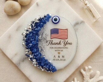 Personalized American Flag Crescent Resin Magnet, Wedding Favor, Patriotic Event Keepsake, Evil Eye Souvenir