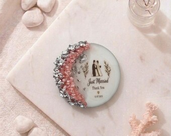 Personalized Just Married Crescent Resin Magnet, Wedding Favor, Bride & Groom Keepsake, Evil Eye Souvenir