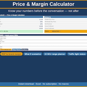 May include: A digital graphic showing a price and margin calculator, with data tables and charts. The title reads "Price & Margin Calculator." The calculator includes inputs, results, and a range planner, with the status marked as "HEALTHY."