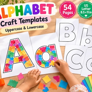 May include: Alphabet craft templates featuring 54 pages of uppercase and lowercase letters. The set includes white paper sheets with black outlines of letters A, B, C, a, b, c, with some filled in using colorful paper scraps, a glue stick, and paper stacks.
