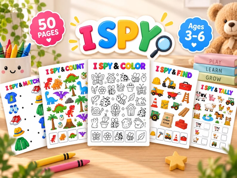 I Spy Worksheets for Preschool, 50 Page Printable Activity Book, Kids ...
