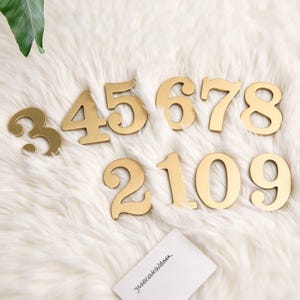 May include: A set of ten individual gold-colored metal numbers ranging from zero to nine, featuring a smooth finish and a classic serif typeface. The numbers are arranged in two rows, with the digits three, four, five, six, seven, and eight on top.