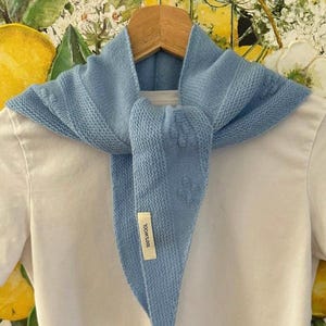 Peut inclure: Un foulard triangulaire en tricot bleu clair avec un motif texturé et une petite étiquette rectangulaire indiquant 100% WOOL. Le foulard est drapé sur un t-shirt blanc uni et suspendu à un cintre en bois devant un fond à motifs de citrons.