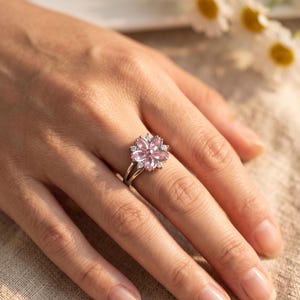 Sakura Flower Ring, Dainty Cherry Blossom Band, Adjustable Floral Ring, Botanical Cubic Zirconia Jewelry