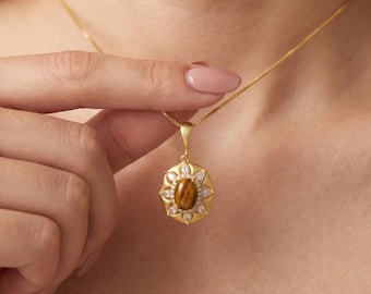 Vintage Tiger Eye Pendant, Gold Sunflower Necklace, Boho Festival Jewelry, Natural Stone Charm
