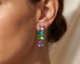 Geometric Crystal Drop Earrings, Multi Shape Statement Dangles, Elegant Tone Chandelier, Modern Bridal Jewelry