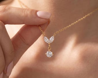 Dainty Leaf Necklace, Minimalist CZ Crystal Jewelry, Marquise Stone Leaf Pendant, Bridesmaid Gift