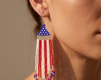 US Flag Beaded Fringe, Patriotic Statement Dangle, Red White Blue Jewelry, Americana Gift